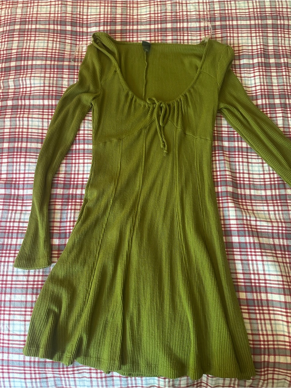 wild fable Olive Green Ribbed Long-Sleeve Swing Dress with Scoop Neck